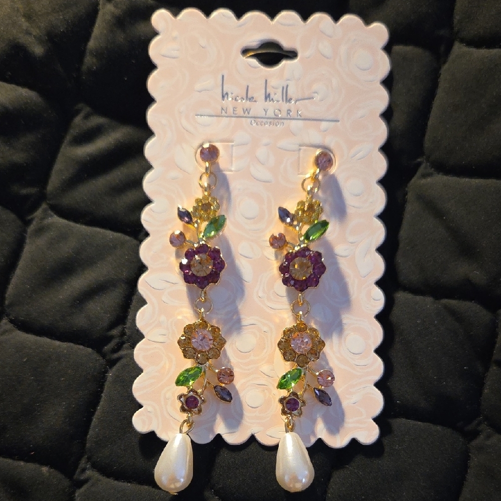 Nicole Miller Gold and Purple Cluster Earrings with Floral Design